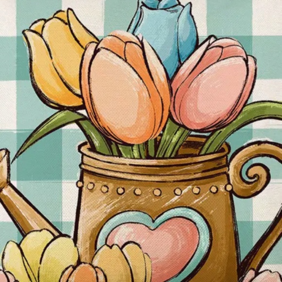 NEW Easter/Spring Watering Can & Tulips Linen Throw Pillow Case/Cover 17.7" - Picture 2 of 3